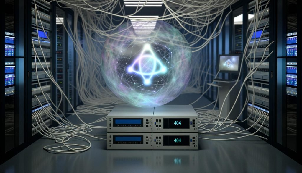 Düstere Magazin-Doppelseite mit verschwommenem Serverraum, irisierenden Lichtfäden als Qubits, transparenter Kugel mit Quantum-Symbolen und ausgemusterten Routern vor blinkenden 404-Anzeigen.
