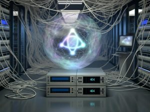 Düstere Magazin-Doppelseite mit verschwommenem Serverraum, irisierenden Lichtfäden als Qubits, transparenter Kugel mit Quantum-Symbolen und ausgemusterten Routern vor blinkenden 404-Anzeigen.
