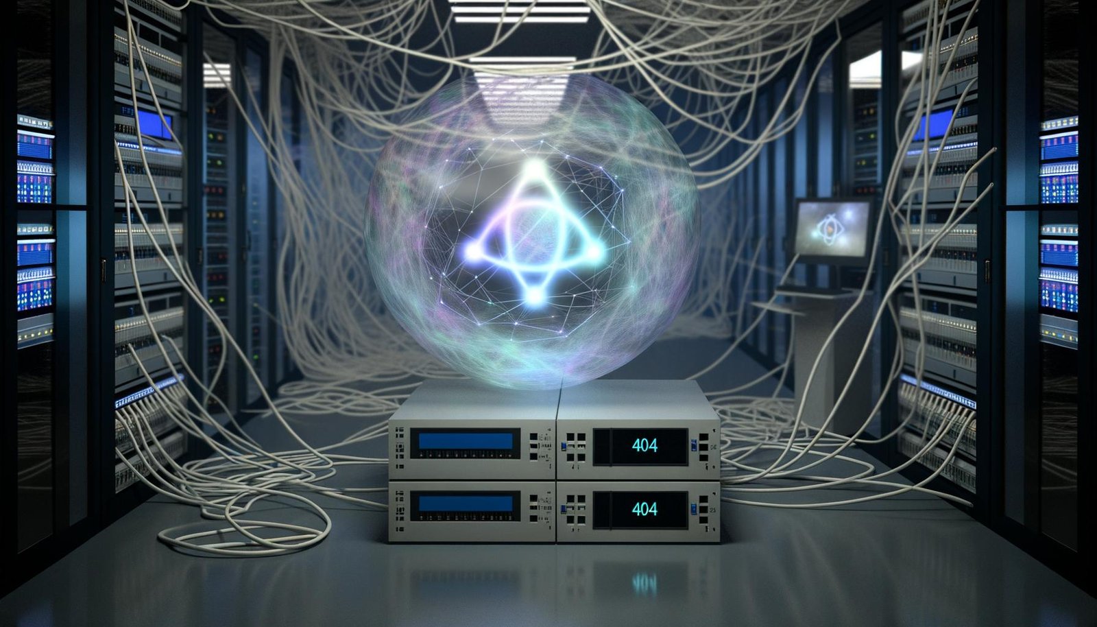 Düstere Magazin-Doppelseite mit verschwommenem Serverraum, irisierenden Lichtfäden als Qubits, transparenter Kugel mit Quantum-Symbolen und ausgemusterten Routern vor blinkenden 404-Anzeigen.
