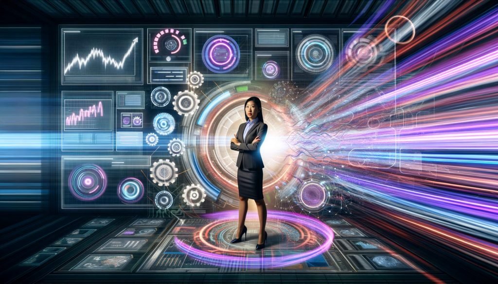 Entschlossene Person im Business-Outfit im Mittelpunkt eines digitalen Maschinenraums mit Datenströmen, Dashboards und modernen Diagrammen in kräftigen Farben