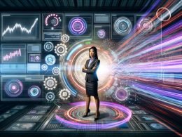Entschlossene Person im Business-Outfit im Mittelpunkt eines digitalen Maschinenraums mit Datenströmen, Dashboards und modernen Diagrammen in kräftigen Farben