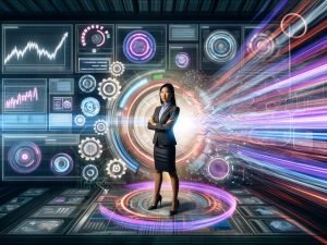 Entschlossene Person im Business-Outfit im Mittelpunkt eines digitalen Maschinenraums mit Datenströmen, Dashboards und modernen Diagrammen in kräftigen Farben