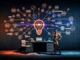 Dynamische, kontrastreiche Illustration eines modernen Digital Workspace mit Content-Stratege, digitalen Workflow-Icons, futuristischen Monitoren und KI-Elementen, akzentuiert in Neonblau und Orange.