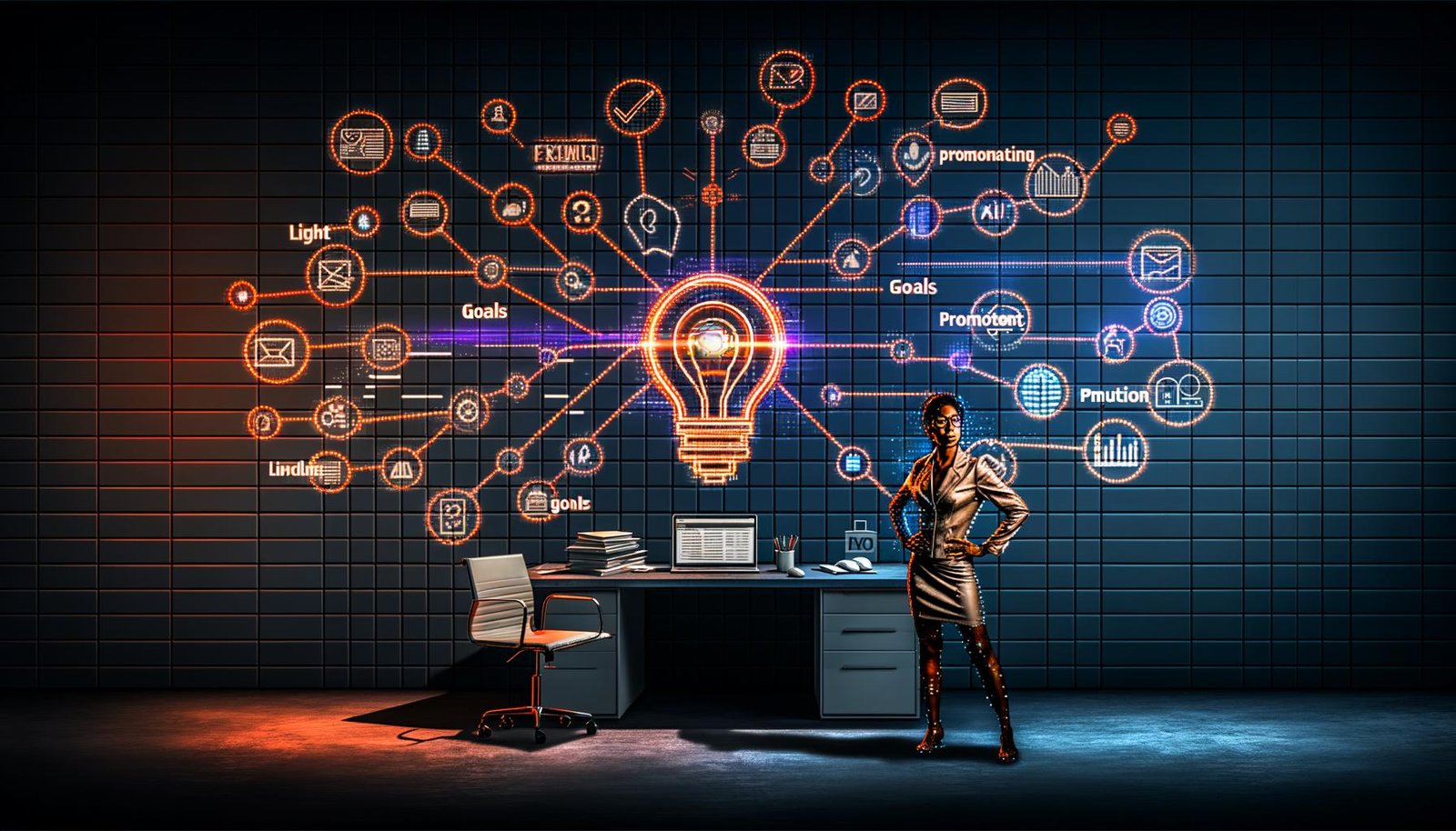 Dynamische, kontrastreiche Illustration eines modernen Digital Workspace mit Content-Stratege, digitalen Workflow-Icons, futuristischen Monitoren und KI-Elementen, akzentuiert in Neonblau und Orange.