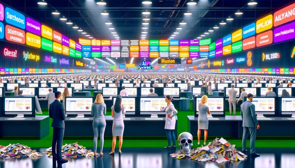 Überfüllter Messestand für SEO-Software mit bunten Bannern, kritischen Marketern, verunsicherten Besuchern, Werbesprüchen und Datenmüll in düster-technischer Atmosphäre.