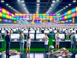 Überfüllter Messestand für SEO-Software mit bunten Bannern, kritischen Marketern, verunsicherten Besuchern, Werbesprüchen und Datenmüll in düster-technischer Atmosphäre.