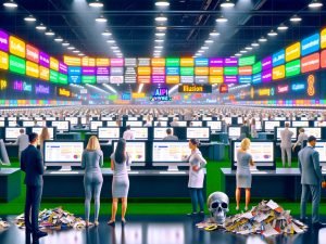 Überfüllter Messestand für SEO-Software mit bunten Bannern, kritischen Marketern, verunsicherten Besuchern, Werbesprüchen und Datenmüll in düster-technischer Atmosphäre.