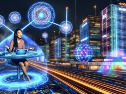 Futuristische Stadt 2040 bei Nacht mit Neonlichtern, modernen Gebäuden, leuchtenden Quanten- und Datenverbindungen, einer entspannten Person am Terminal und holographischen Qubits im Hintergrund.