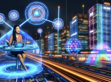 Futuristische Stadt 2040 bei Nacht mit Neonlichtern, modernen Gebäuden, leuchtenden Quanten- und Datenverbindungen, einer entspannten Person am Terminal und holographischen Qubits im Hintergrund.