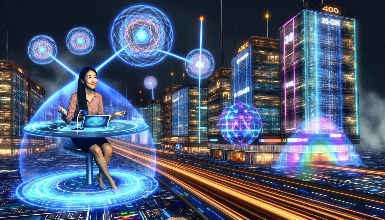 Futuristische Stadt 2040 bei Nacht mit Neonlichtern, modernen Gebäuden, leuchtenden Quanten- und Datenverbindungen, einer entspannten Person am Terminal und holographischen Qubits im Hintergrund.