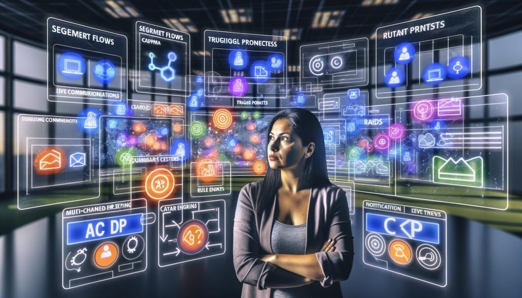 Digital Marketer arbeitet an moderner Workstation mit schwebenden Datenvisualisierungen, Live-Marketing-Dashboards und integrierten API-Symbolen für CDP, CRM und Werbung.