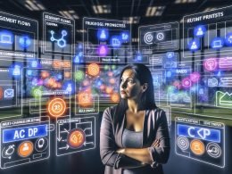Digital Marketer arbeitet an moderner Workstation mit schwebenden Datenvisualisierungen, Live-Marketing-Dashboards und integrierten API-Symbolen für CDP, CRM und Werbung.