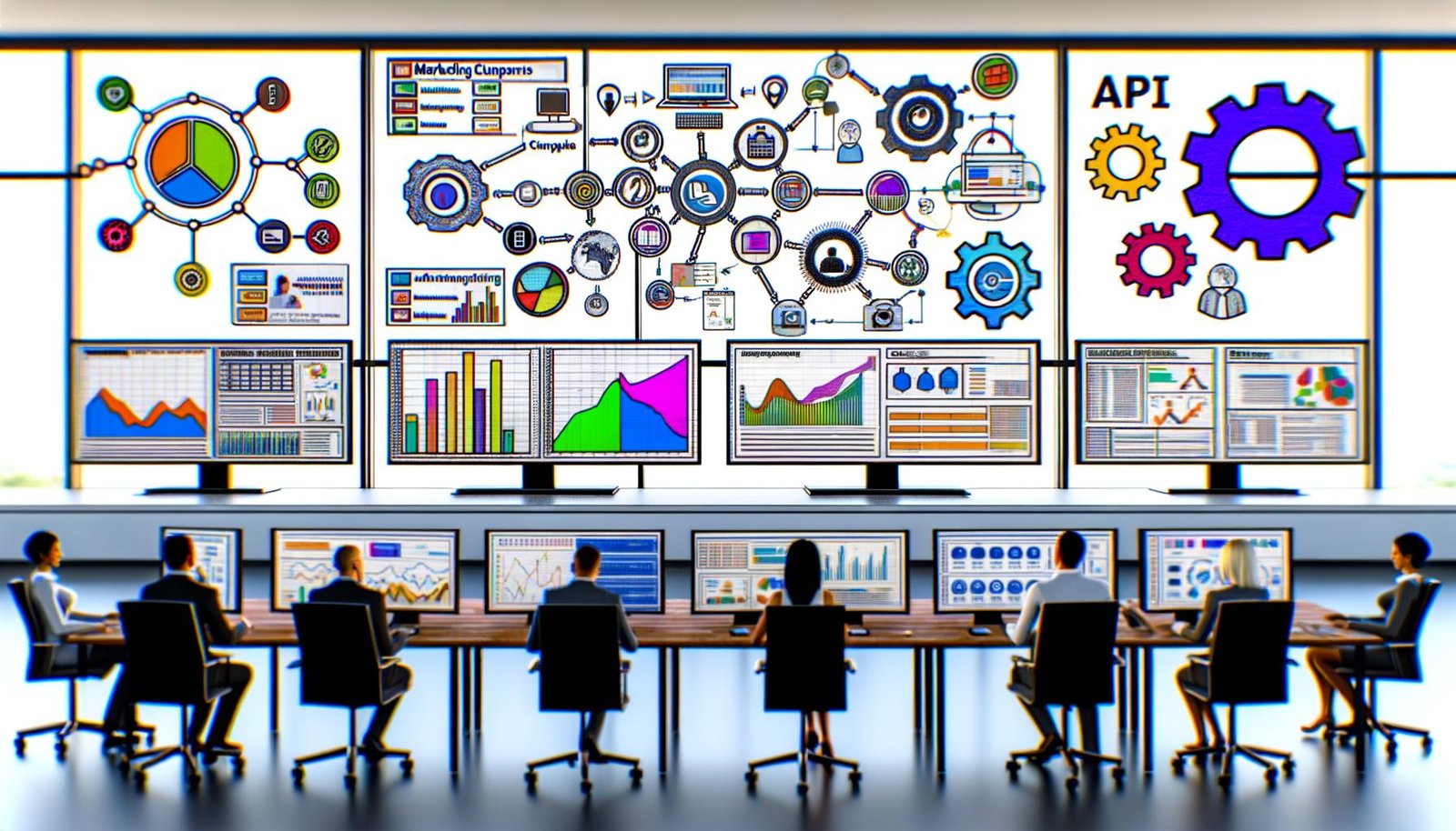 Marketingteam arbeitet im modernen Büro vor großen Bildschirmen mit Datenvisualisierungen aus verschiedenen Werbeplattformen; Supermetrics als zentraler Datenhub zu Zielsystemen wie BigQuery oder Google Sheets.