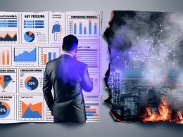 Geschäftsperson in Anzug vor Bildschirm mit digitalen KPIs, Heatmaps und Conversion Funnels, im Vordergrund verbrennende Papierfetzen mit 'Bauchgefühl' und 'Intuition', digitale Großstadt im Hintergrund.