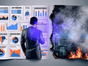 Geschäftsperson in Anzug vor Bildschirm mit digitalen KPIs, Heatmaps und Conversion Funnels, im Vordergrund verbrennende Papierfetzen mit 'Bauchgefühl' und 'Intuition', digitale Großstadt im Hintergrund.