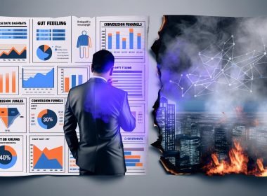 Geschäftsperson in Anzug vor Bildschirm mit digitalen KPIs, Heatmaps und Conversion Funnels, im Vordergrund verbrennende Papierfetzen mit 'Bauchgefühl' und 'Intuition', digitale Großstadt im Hintergrund.
