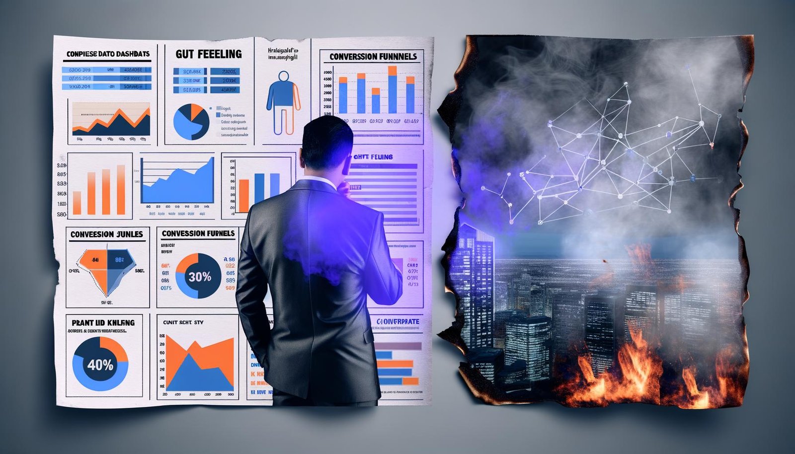 Geschäftsperson in Anzug vor Bildschirm mit digitalen KPIs, Heatmaps und Conversion Funnels, im Vordergrund verbrennende Papierfetzen mit 'Bauchgefühl' und 'Intuition', digitale Großstadt im Hintergrund.