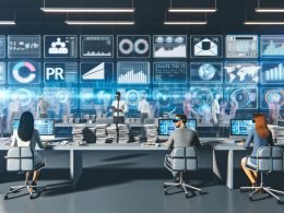 Digitale PR-Redaktion 2025 mit modernen Arbeitsmitteln, großen Screens, diversen Mitarbeitenden und innovativen Technik-Tools in lichtdurchfluteter Atmosphäre.
