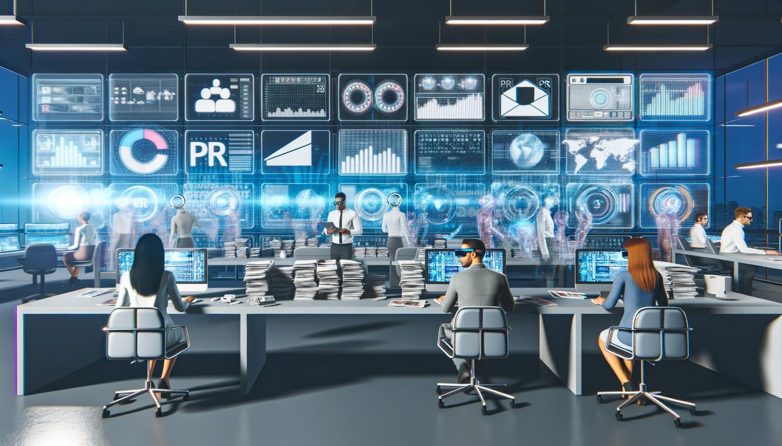 Digitale PR-Redaktion 2025 mit modernen Arbeitsmitteln, großen Screens, diversen Mitarbeitenden und innovativen Technik-Tools in lichtdurchfluteter Atmosphäre.