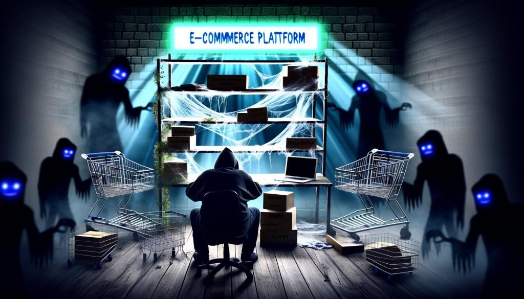 Metaphorisches digitales Geisterhaus eines Shopify-Shops mit verstaubten Einkaufswagen, spinnwebenbedeckten Regalen, flackerndem Neonschild, geisterartigen Kunden, Konkurrenz-Schatten und frustriertem Händler am Schreibtisch voller SEO-Tools.