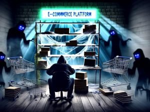 Metaphorisches digitales Geisterhaus eines Shopify-Shops mit verstaubten Einkaufswagen, spinnwebenbedeckten Regalen, flackerndem Neonschild, geisterartigen Kunden, Konkurrenz-Schatten und frustriertem Händler am Schreibtisch voller SEO-Tools.
