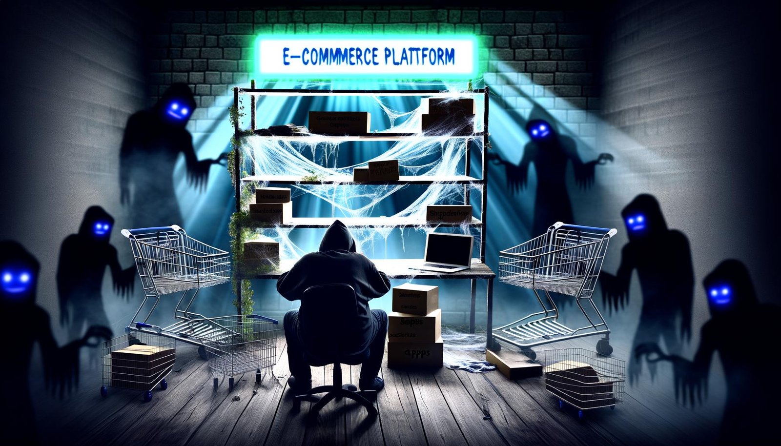 Metaphorisches digitales Geisterhaus eines Shopify-Shops mit verstaubten Einkaufswagen, spinnwebenbedeckten Regalen, flackerndem Neonschild, geisterartigen Kunden, Konkurrenz-Schatten und frustriertem Händler am Schreibtisch voller SEO-Tools.