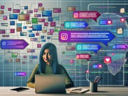 Junge Social-Media-Managerin sitzt an modernem Schreibtisch mit Technik und KI im urban-digitalen Umfeld, umgeben von Instagram-Layouts und Statistiken.