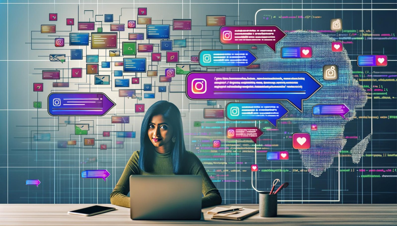 Junge Social-Media-Managerin sitzt an modernem Schreibtisch mit Technik und KI im urban-digitalen Umfeld, umgeben von Instagram-Layouts und Statistiken.
