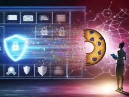 Leuchtende digitale Grafik eines zerbrechenden Cookies, der in Datenströmen zu Analyse-Dashboards fließt – umgeben von Browser-Logos ohne Cookies, Datenschutzsymbolen und einem modernen Marketer mit Notizbuch.