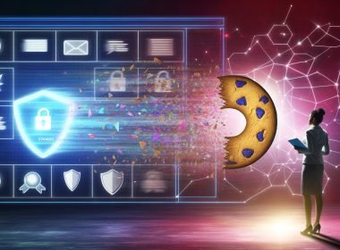 Leuchtende digitale Grafik eines zerbrechenden Cookies, der in Datenströmen zu Analyse-Dashboards fließt – umgeben von Browser-Logos ohne Cookies, Datenschutzsymbolen und einem modernen Marketer mit Notizbuch.