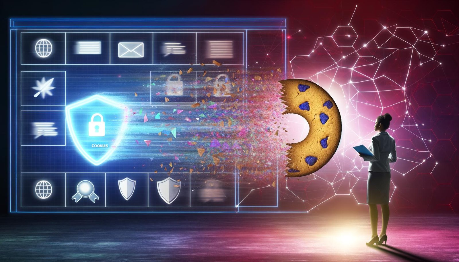 Leuchtende digitale Grafik eines zerbrechenden Cookies, der in Datenströmen zu Analyse-Dashboards fließt – umgeben von Browser-Logos ohne Cookies, Datenschutzsymbolen und einem modernen Marketer mit Notizbuch.