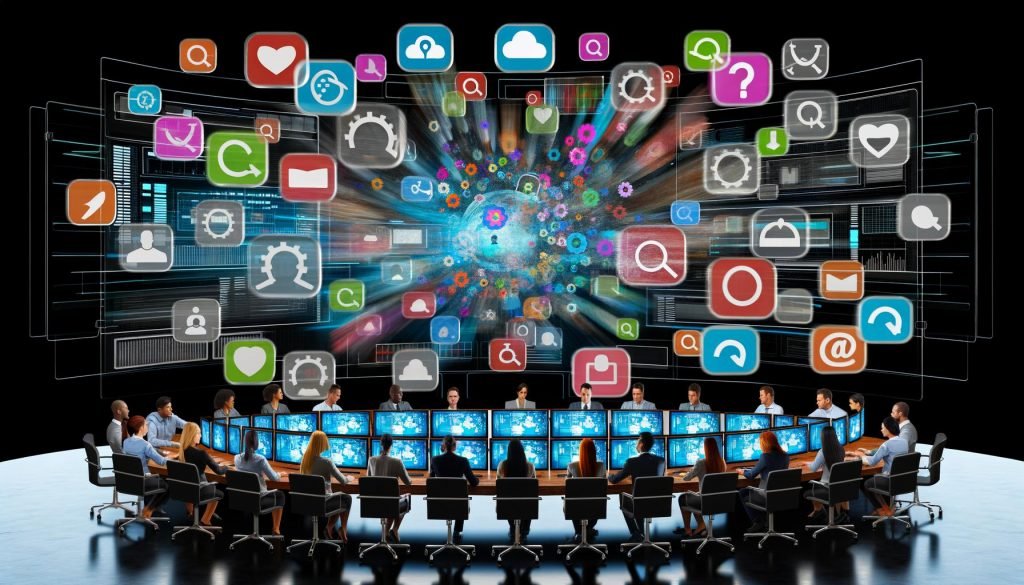 Animiertes Büro mit chaotischen Datenströmen aus verschiedenen Tools, zentralem Dashboard und einem Team von Marketers und IT-Experten am Cockpit-Schreibtisch.