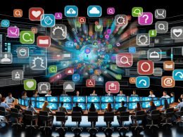 Animiertes Büro mit chaotischen Datenströmen aus verschiedenen Tools, zentralem Dashboard und einem Team von Marketers und IT-Experten am Cockpit-Schreibtisch.