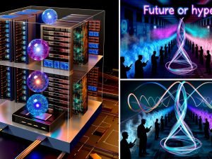 Collage verschiedener Szenen zum Quanteninternet: ein stilisierter Serverraum mit leuchtenden Qubits und Lasern, Visualisierung klassischer und quantengestützter Netzwerke, gesicherte Quantenverbindungen mit abwehrenden Sicherheitsmechanismen, technische Hardware und globale Forschungsschauplätze.