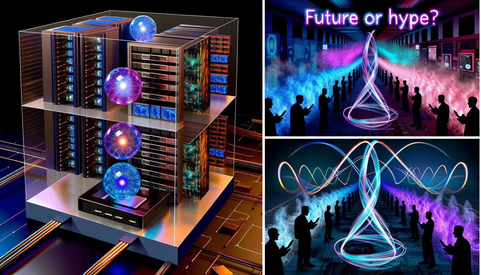 Collage verschiedener Szenen zum Quanteninternet: ein stilisierter Serverraum mit leuchtenden Qubits und Lasern, Visualisierung klassischer und quantengestützter Netzwerke, gesicherte Quantenverbindungen mit abwehrenden Sicherheitsmechanismen, technische Hardware und globale Forschungsschauplätze.
