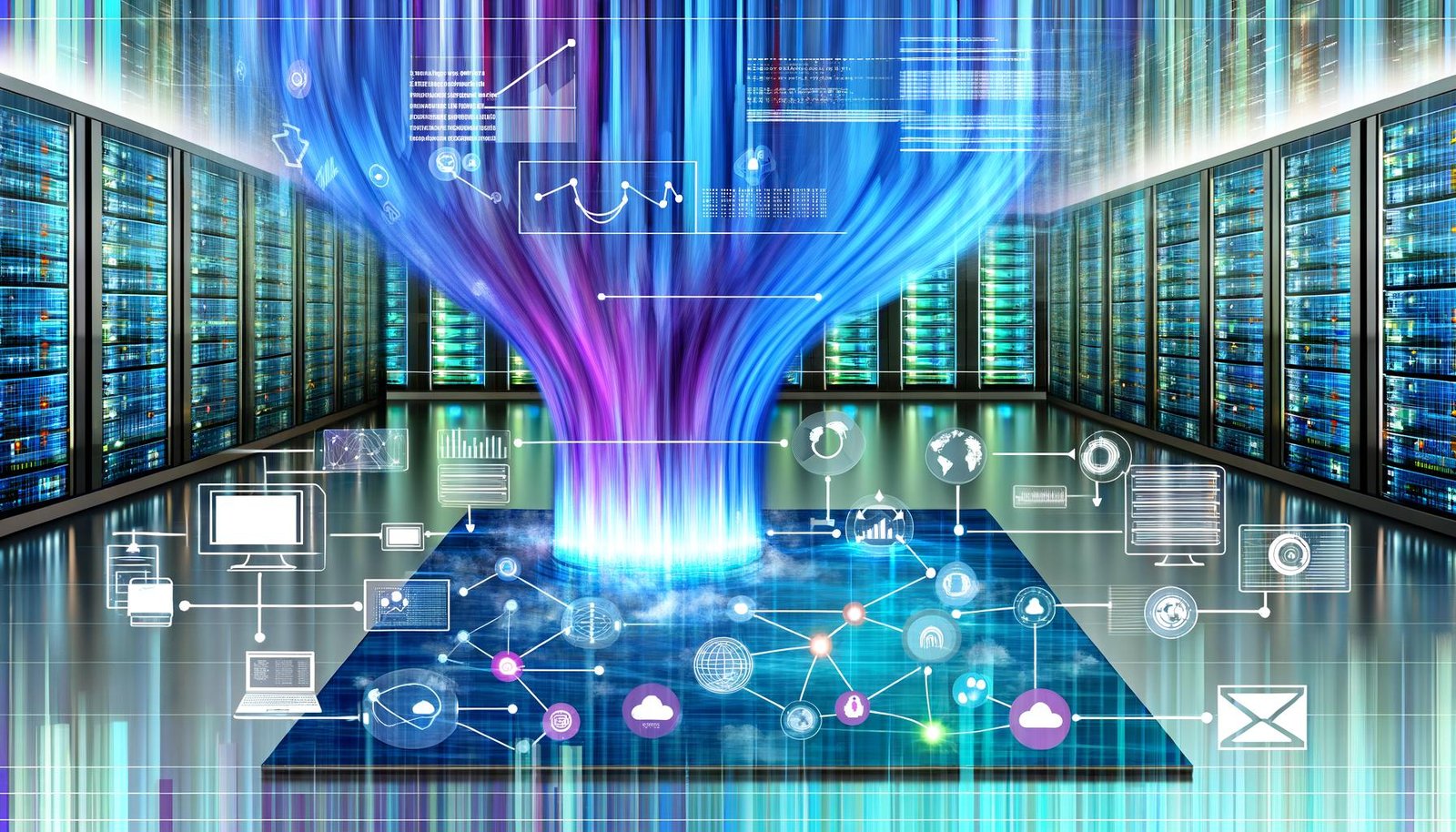 Futuristisches Titelbild mit leuchtendem Datenstrom in Blau und Violett, der durch eine digitale Kommandozentrale mit User-Interfaces, Datenpunkten aus verschiedenen Quellen, Charts und Serverracks strömt.