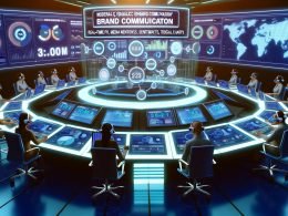 High-Tech-Maschinenraum mit Kontrolltisch, Bildschirmen voller Echtzeitdaten und holografischen Diagrammen, umgeben von Marketing- und PR-Experten mit Headsets und Tablets.