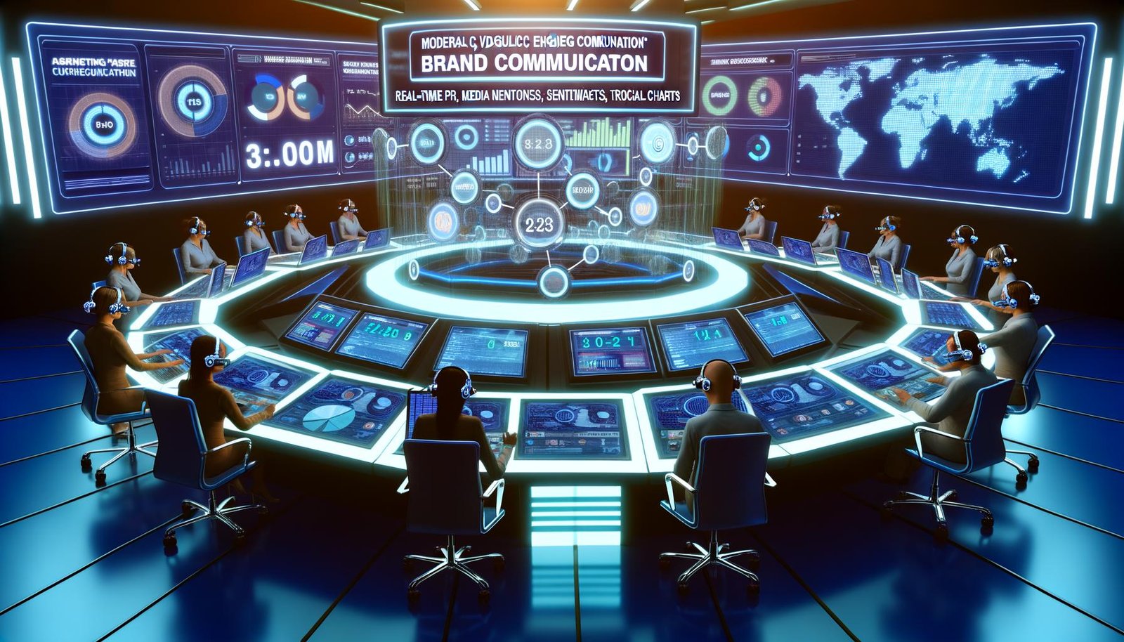 High-Tech-Maschinenraum mit Kontrolltisch, Bildschirmen voller Echtzeitdaten und holografischen Diagrammen, umgeben von Marketing- und PR-Experten mit Headsets und Tablets.