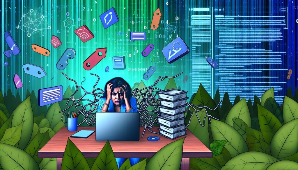 Überforderter Blogger sitzt am Schreibtisch mit Laptop, geöffnetem WordPress-SEO-Dashboard, schwebenden Plugin-Symbolen und dichtem digitalen SEO-Dschungel im Hintergrund.