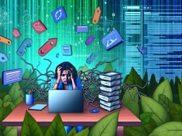 Überforderter Blogger sitzt am Schreibtisch mit Laptop, geöffnetem WordPress-SEO-Dashboard, schwebenden Plugin-Symbolen und dichtem digitalen SEO-Dschungel im Hintergrund.