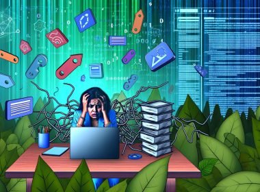 Überforderter Blogger sitzt am Schreibtisch mit Laptop, geöffnetem WordPress-SEO-Dashboard, schwebenden Plugin-Symbolen und dichtem digitalen SEO-Dschungel im Hintergrund.