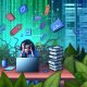 Überforderter Blogger sitzt am Schreibtisch mit Laptop, geöffnetem WordPress-SEO-Dashboard, schwebenden Plugin-Symbolen und dichtem digitalen SEO-Dschungel im Hintergrund.
