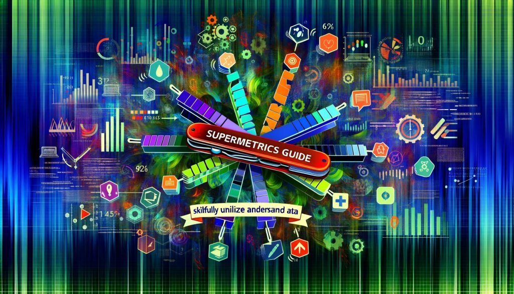 Titelbild mit dem Schriftzug ‚Supermetrics Guide: Datenpower clever nutzen und verstehen‘. Moderner Daten-Dschungel aus Balkendiagrammen, Zahlenströmen und Marketing-Tools wie Google Ads, Facebook, TikTok, HubSpot und einem Schweizer Taschenmesser mit Daten-Icons.