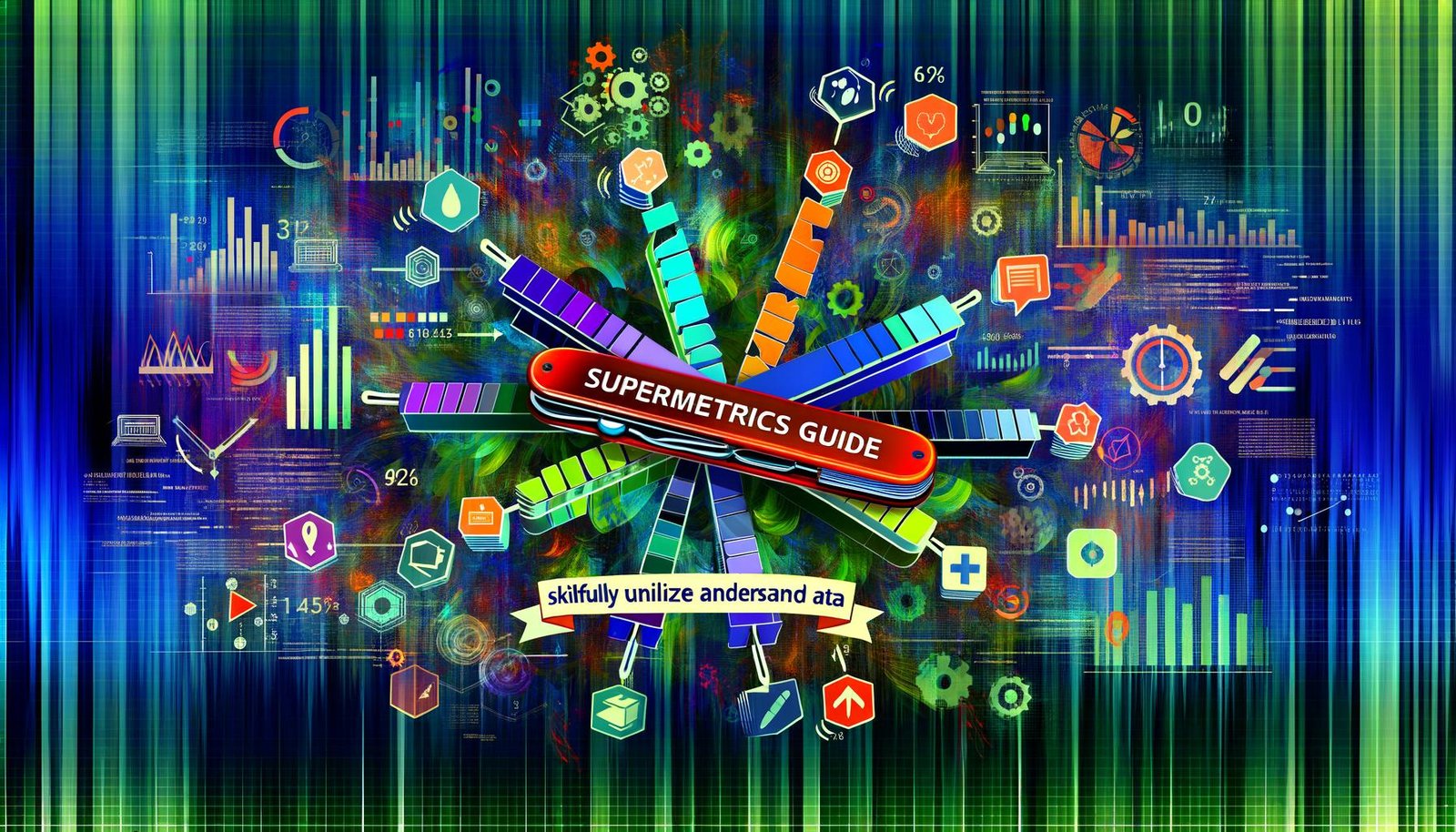 Titelbild mit dem Schriftzug ‚Supermetrics Guide: Datenpower clever nutzen und verstehen‘. Moderner Daten-Dschungel aus Balkendiagrammen, Zahlenströmen und Marketing-Tools wie Google Ads, Facebook, TikTok, HubSpot und einem Schweizer Taschenmesser mit Daten-Icons.