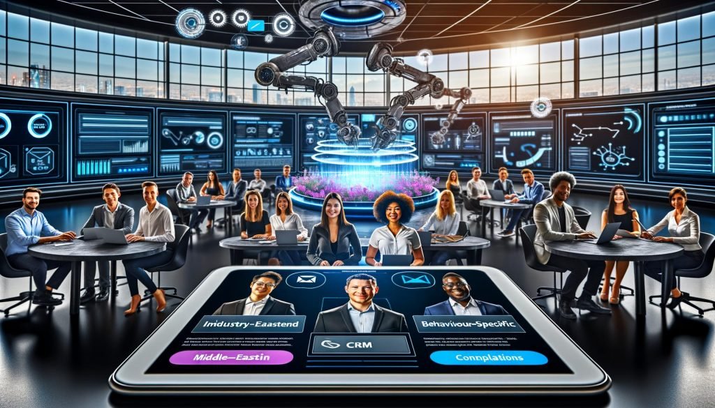 Futuristisch gestaltetes Marketing-Team in einem digitalen Workspace mit interaktivem Segment-Formular, Daten-Dashboards und visuellen Automatisierungssymbolen.