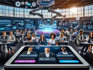 Futuristisch gestaltetes Marketing-Team in einem digitalen Workspace mit interaktivem Segment-Formular, Daten-Dashboards und visuellen Automatisierungssymbolen.