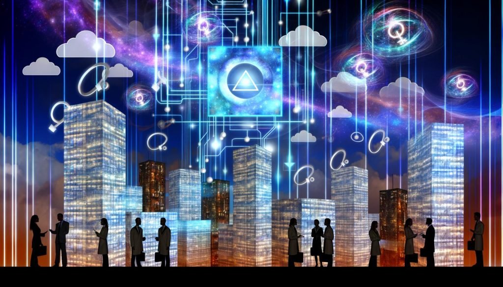Futuristische Stadt mit Quantum-Internet, leuchtenden Kabeln, holografischen Datenströmen und debattierenden Wissenschaftlern und Marketern im Vordergrund.