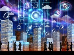 Futuristische Stadt mit Quantum-Internet, leuchtenden Kabeln, holografischen Datenströmen und debattierenden Wissenschaftlern und Marketern im Vordergrund.