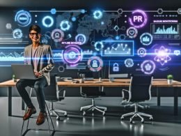Junge PR-Managerin mit Laptop an Stehtisch, umgeben von digitalen Dashboards und KI-gestützten PR- und SEO-Tools in moderner Arbeitsumgebung