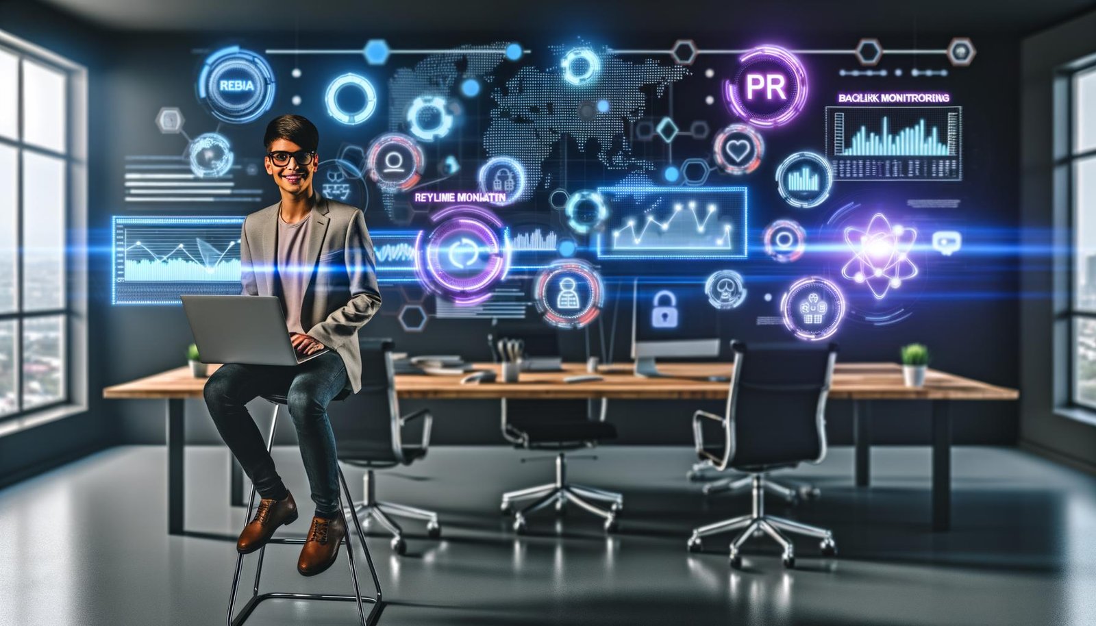 Junge PR-Managerin mit Laptop an Stehtisch, umgeben von digitalen Dashboards und KI-gestützten PR- und SEO-Tools in moderner Arbeitsumgebung